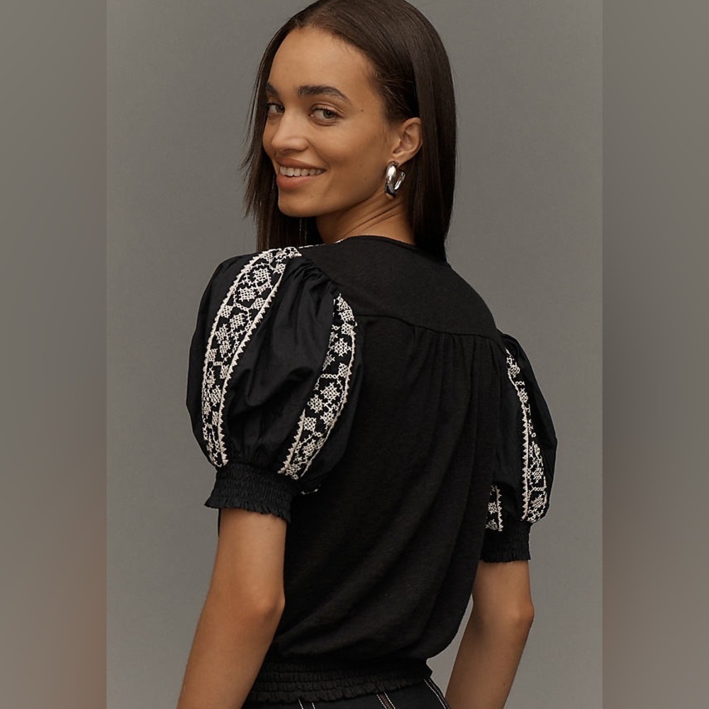 By Anthropologie Puff-Sleeve Embroidered Top Black Womens Size XS